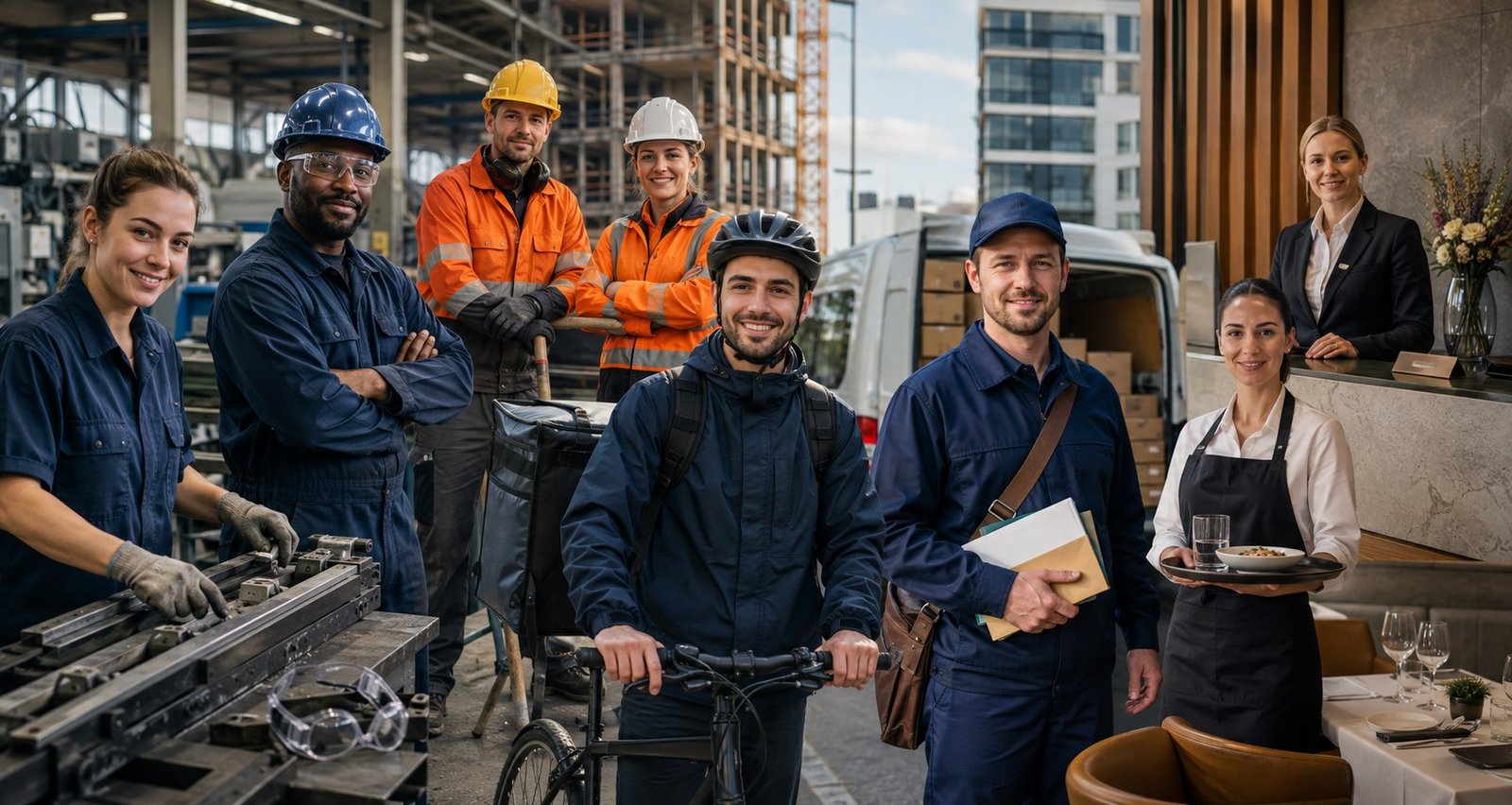 Factory, construction, delivery, hospitality and service workers